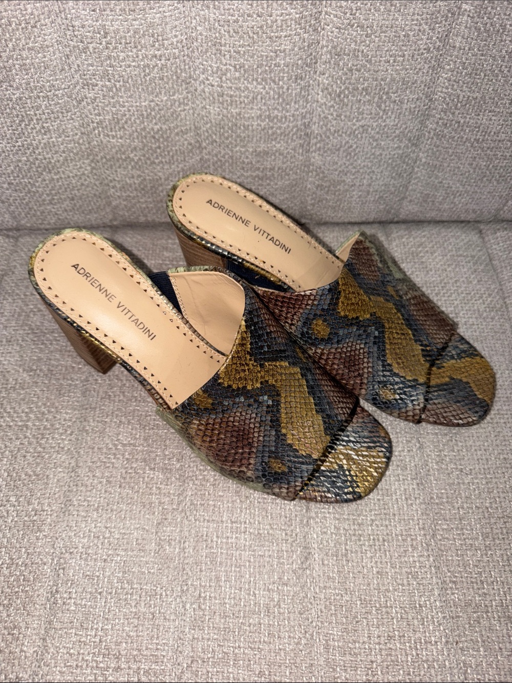 Adrienne Vittadini Multicolor Snakeskin Mule Heels in Brown, Green & Black